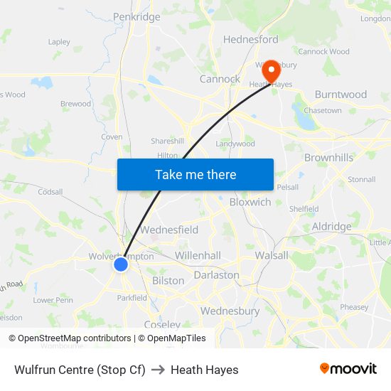 Wulfrun Centre (Stop Cf) to Heath Hayes map