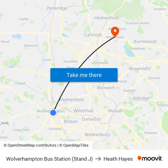 Wolverhampton Bus Station (Stand J) to Heath Hayes map