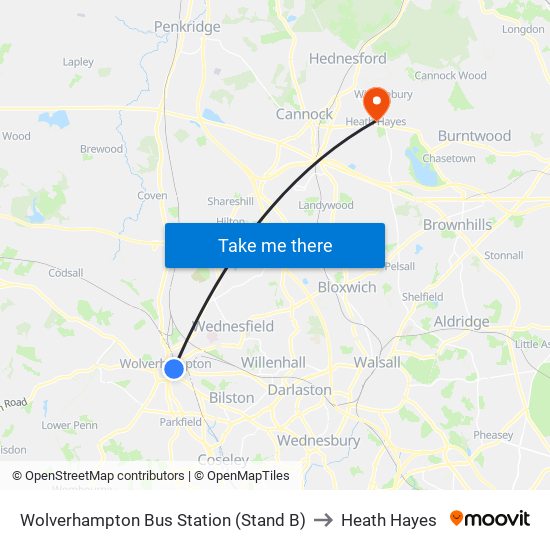 Wolverhampton Bus Station (Stand B) to Heath Hayes map