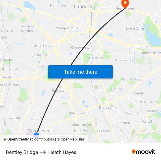 Bentley Bridge to Heath Hayes map