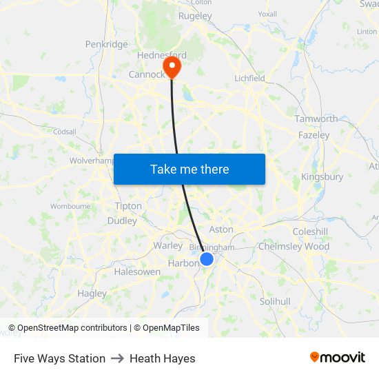 Five Ways Station to Heath Hayes map