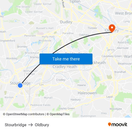 Stourbridge to Oldbury map