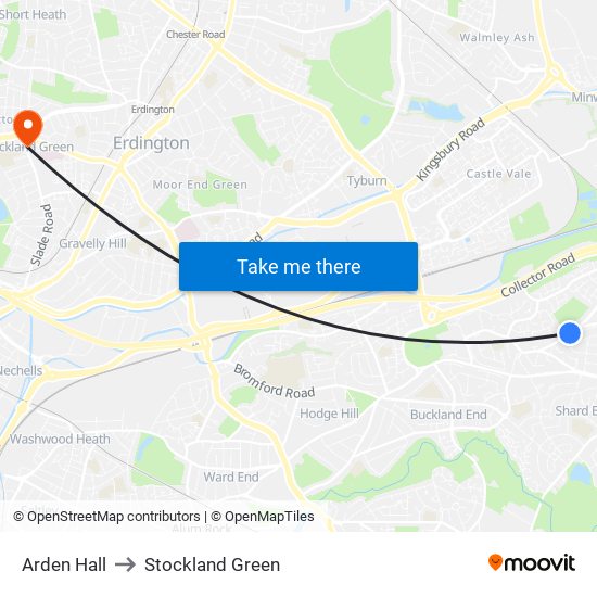 Arden Hall to Stockland Green map