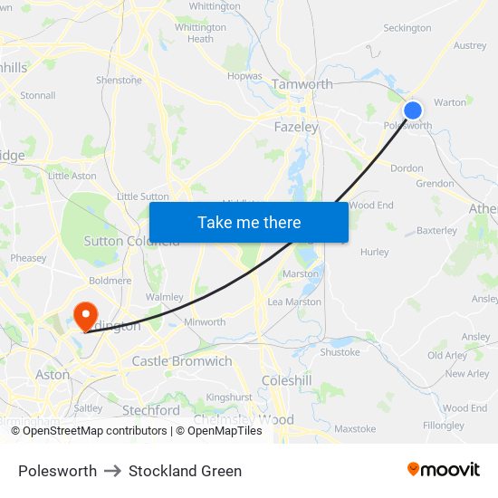 Polesworth to Stockland Green map