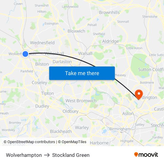 Wolverhampton to Stockland Green map