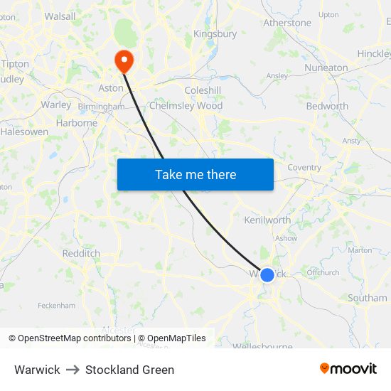 Warwick to Stockland Green map