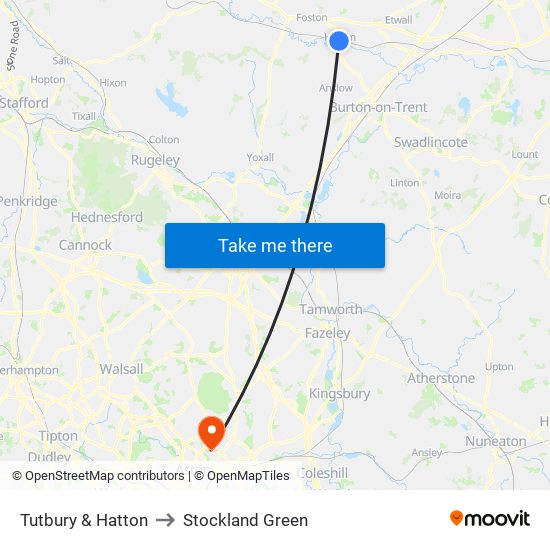 Tutbury & Hatton to Stockland Green map