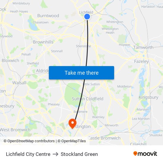 Lichfield City Centre to Stockland Green map