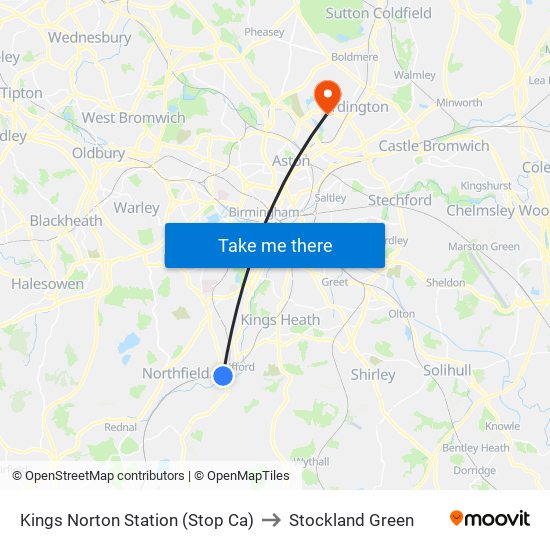 Kings Norton Station (Stop Ca) to Stockland Green map