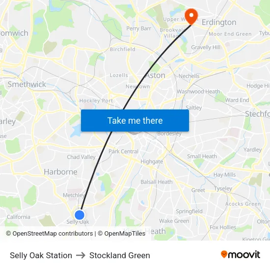 Selly Oak Station to Stockland Green map