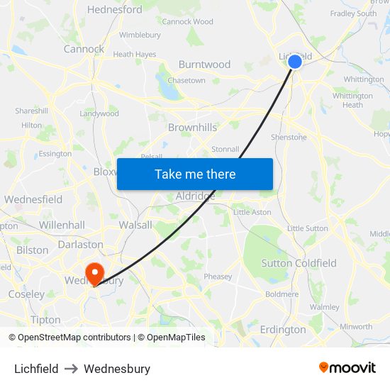 Lichfield to Wednesbury map