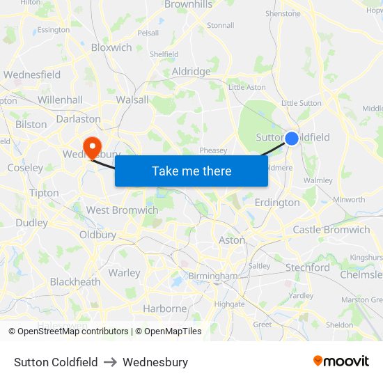 Sutton Coldfield to Wednesbury map