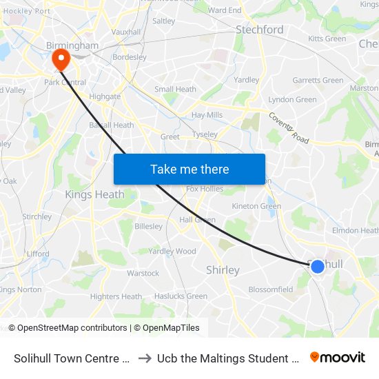 Solihull Town Centre (Stop Sa) to Ucb the Maltings Student Residences map