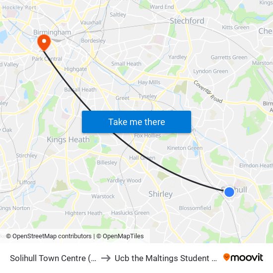 Solihull Town Centre (Stop Sm) to Ucb the Maltings Student Residences map