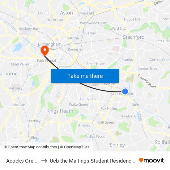 Acocks Green to Ucb the Maltings Student Residences map