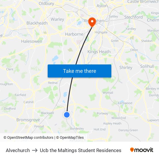 Alvechurch to Ucb the Maltings Student Residences map