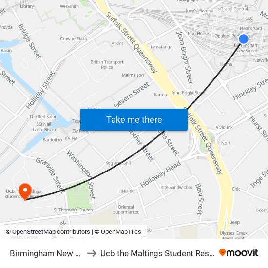 Birmingham New Street to Ucb the Maltings Student Residences map