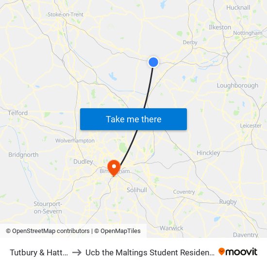 Tutbury & Hatton to Ucb the Maltings Student Residences map