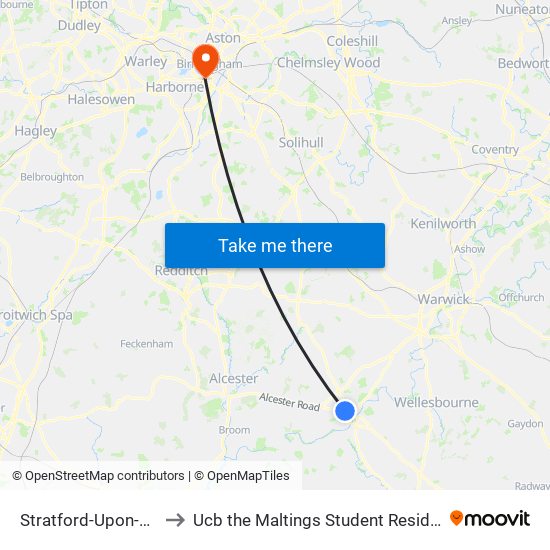 Stratford-Upon-Avon to Ucb the Maltings Student Residences map