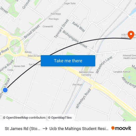 St James Rd (Stop Fk) to Ucb the Maltings Student Residences map