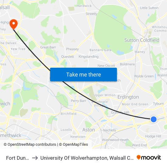 Fort Dunlop to University Of Wolverhampton, Walsall Campus map