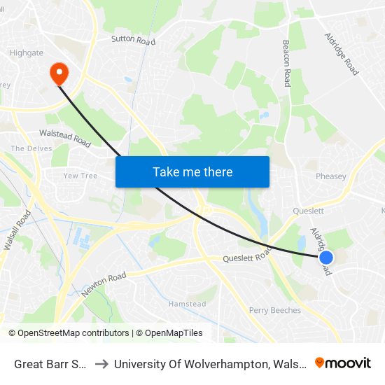 Great Barr School to University Of Wolverhampton, Walsall Campus map