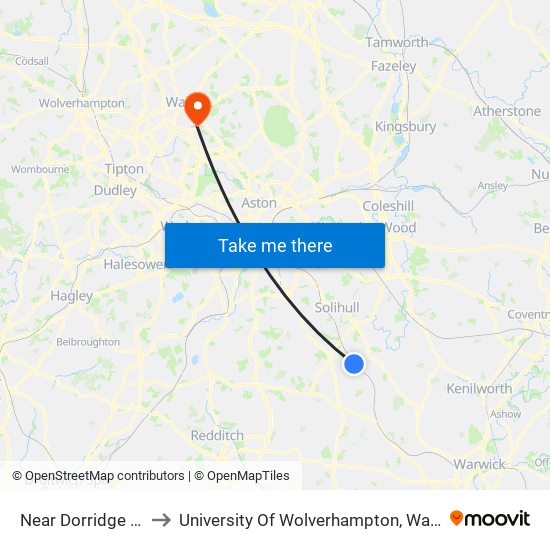 Near Dorridge Station to University Of Wolverhampton, Walsall Campus map