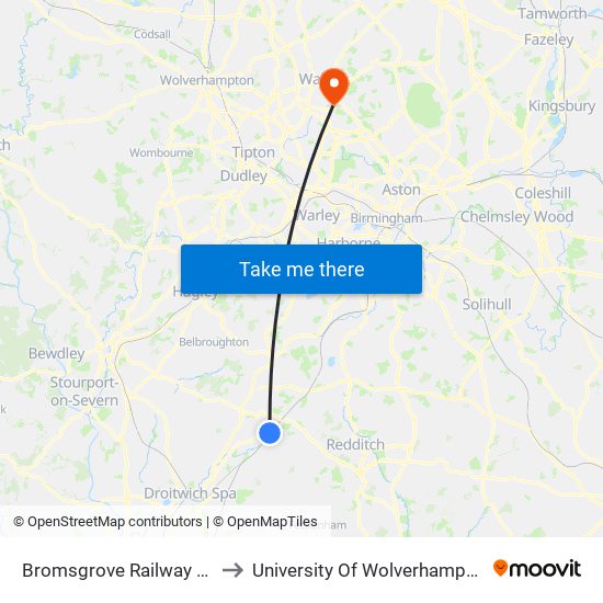 Bromsgrove Railway Station (Stand A) to University Of Wolverhampton, Walsall Campus map