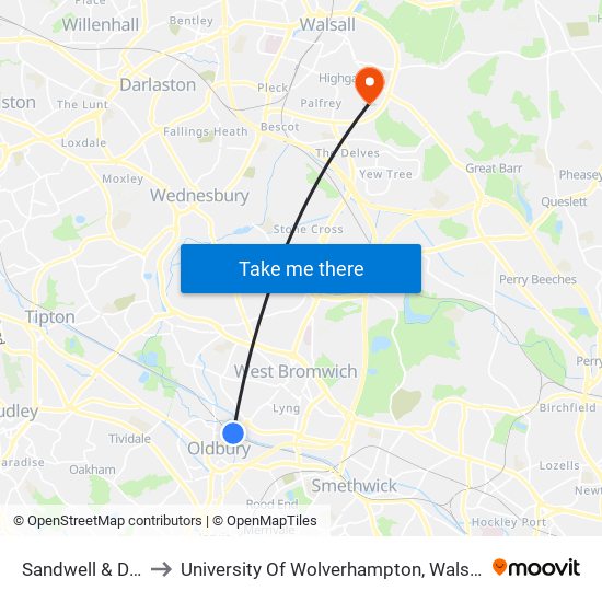 Sandwell & Dudley to University Of Wolverhampton, Walsall Campus map