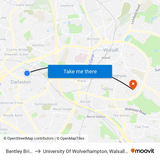 Bentley Bridge to University Of Wolverhampton, Walsall Campus map