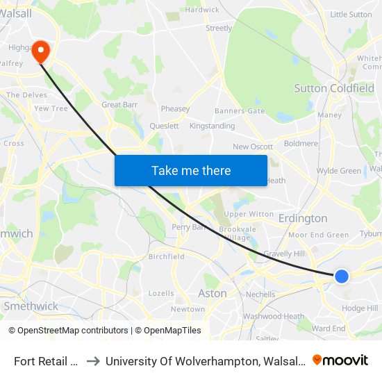 Fort Retail Park to University Of Wolverhampton, Walsall Campus map