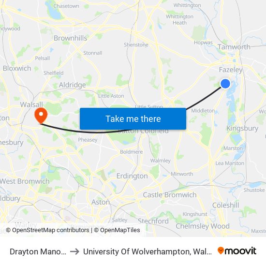 Drayton Manor Park to University Of Wolverhampton, Walsall Campus map