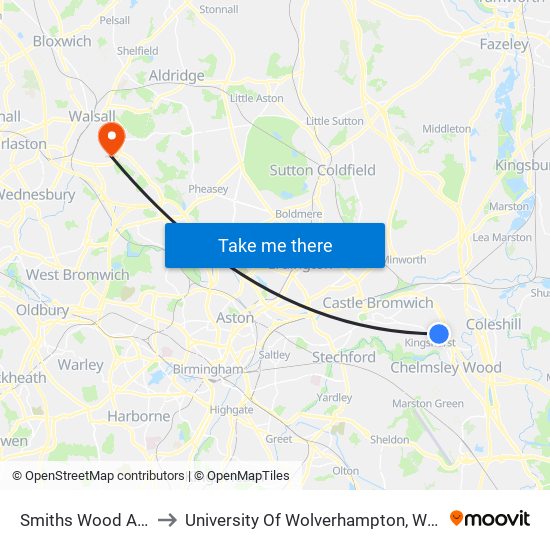 Smiths Wood Academy to University Of Wolverhampton, Walsall Campus map