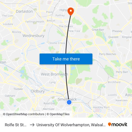 Rolfe St Station to University Of Wolverhampton, Walsall Campus map