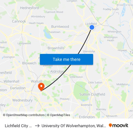 Lichfield City Centre to University Of Wolverhampton, Walsall Campus map