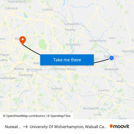 Nuneaton to University Of Wolverhampton, Walsall Campus map