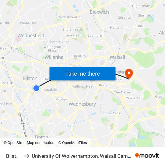 Bilston to University Of Wolverhampton, Walsall Campus map