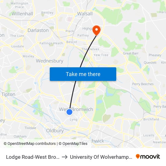 Lodge Road-West Bromwich Town Hall to University Of Wolverhampton, Walsall Campus map