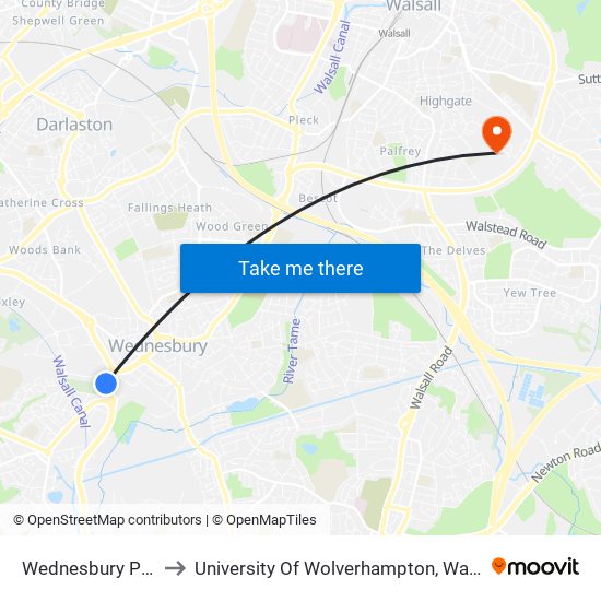 Wednesbury Parkway to University Of Wolverhampton, Walsall Campus map