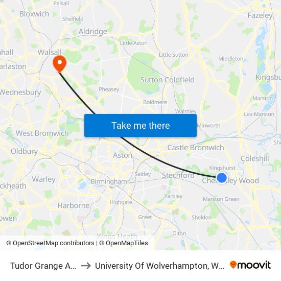 Tudor Grange Academy to University Of Wolverhampton, Walsall Campus map