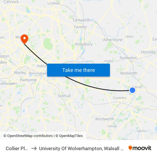 Collier Place to University Of Wolverhampton, Walsall Campus map