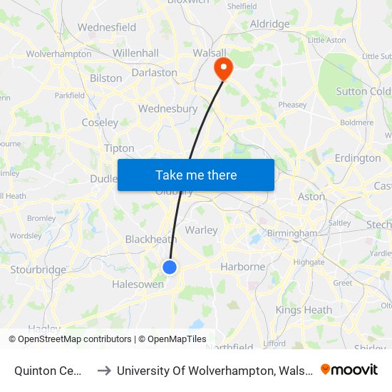 Quinton Cemetery to University Of Wolverhampton, Walsall Campus map