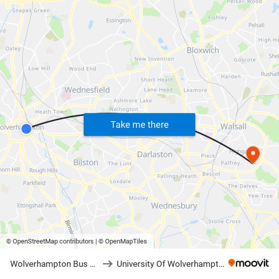 Wolverhampton Bus Station (Stand P) to University Of Wolverhampton, Walsall Campus map