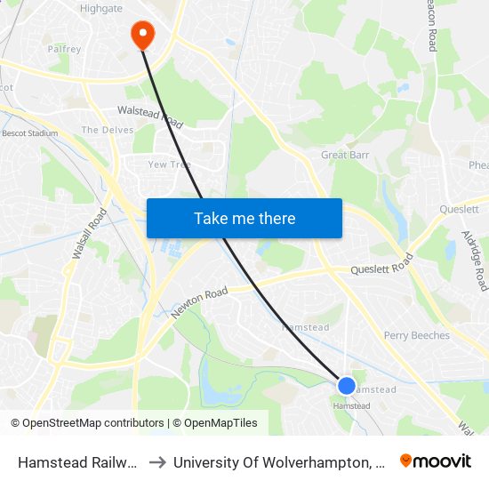 Hamstead Railway Station to University Of Wolverhampton, Walsall Campus map