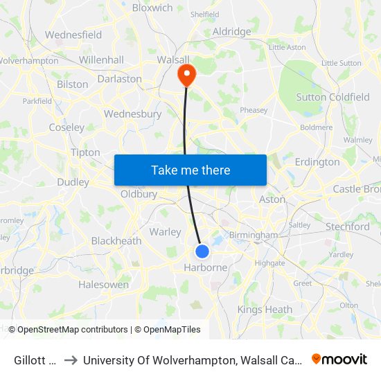 Gillott Rd to University Of Wolverhampton, Walsall Campus map