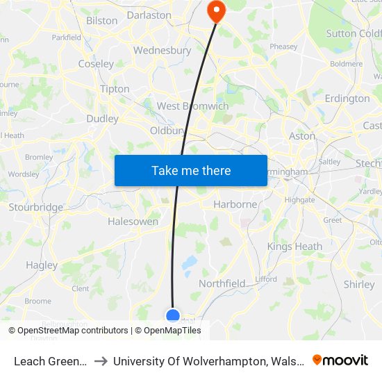 Leach Green Lane to University Of Wolverhampton, Walsall Campus map