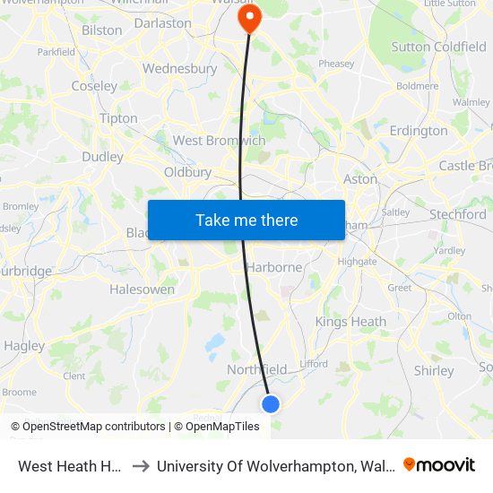 West Heath Hospital to University Of Wolverhampton, Walsall Campus map