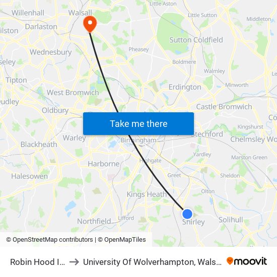 Robin Hood Island to University Of Wolverhampton, Walsall Campus map