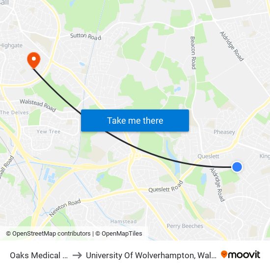 Oaks Medical Centre to University Of Wolverhampton, Walsall Campus map