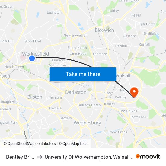 Bentley Bridge to University Of Wolverhampton, Walsall Campus map